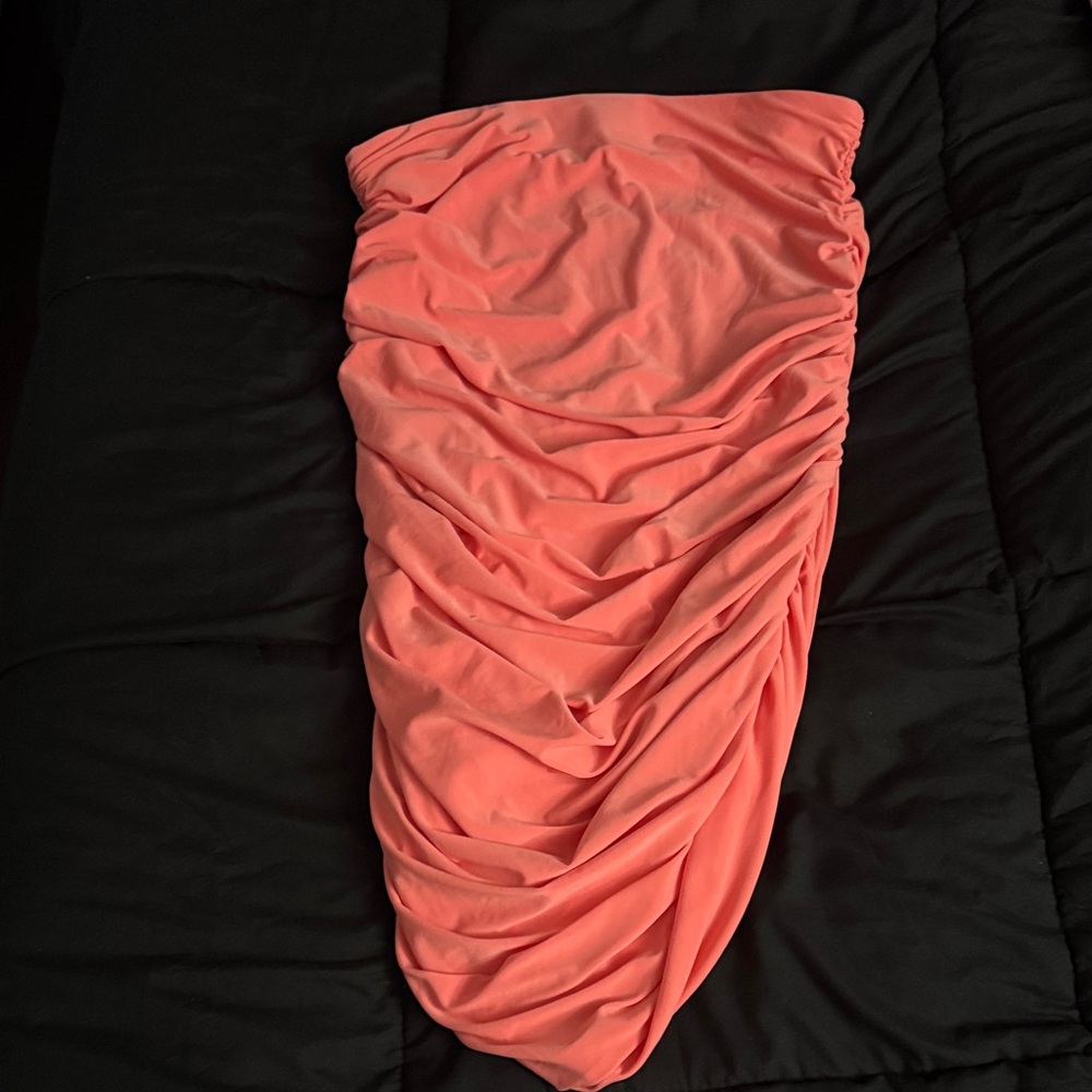 Express Vibrant Coral Ruched Midi Skirt